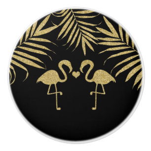Bouton De Porte En Céramique Noir et aquarelle de plage de Flamants roses d'or