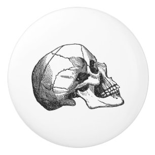 Bouton De Porte En Céramique noir vintage d'illustration de profil de crâne