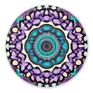 Bouton De Porte En Céramique Noir, violet et Turquoise Mandala Ceramic Knob