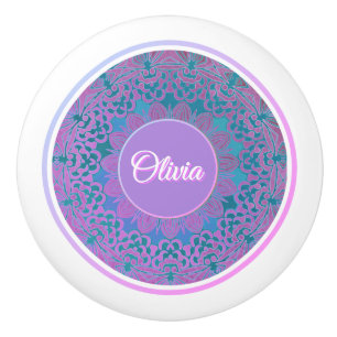 Bouton De Porte En Céramique Nom personnalisé Pink Blue Purple Turquoise Mandal
