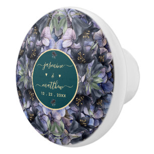 Bouton De Porte En Céramique Noms de Couple Floral Noir Classique Mariage