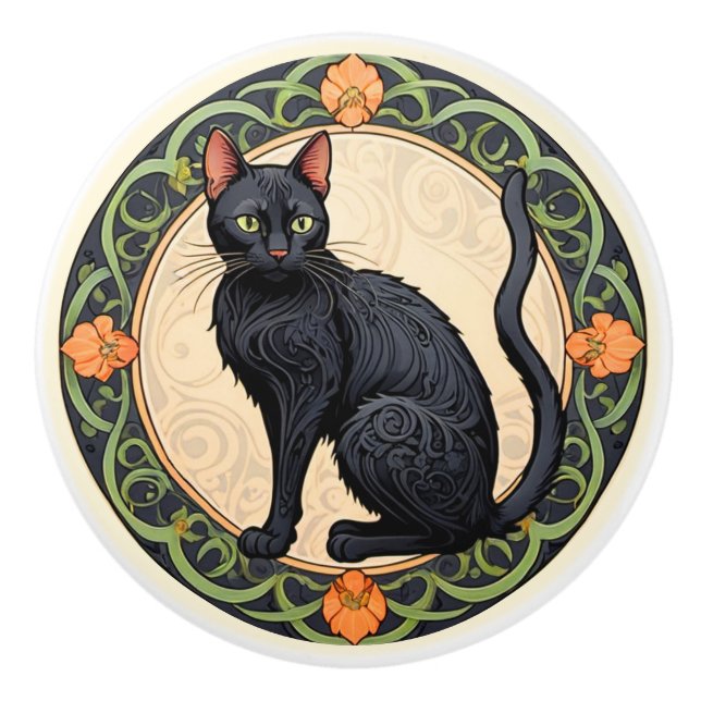 Bouton De Porte En Céramique Nouveau chat noir (Devant)