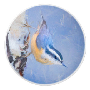 Bouton De Porte En Céramique Nuthatch à poitrine rouge Peinture d'art original 