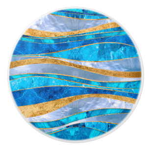 Bouton De Porte En Céramique Océan Blue Gold Métallic Wavy Abstrait