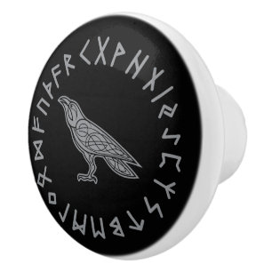 Bouton De Porte En Céramique Odin Corbeau Corneille Mythologie Viking runes run