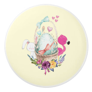 Bouton De Porte En Céramique Oeuf mignon, Flamant rose rose et lapin, Aquarelle