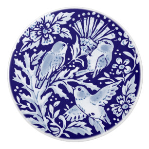 Bouton De Porte En Céramique Oiseau bleu foncé Bois Animaux Floraux Cobalt Mari