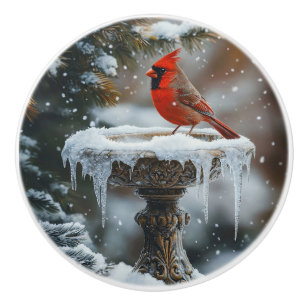 Bouton De Porte En Céramique Oiseau cardinal rouge sur un Oiseau congelé Art