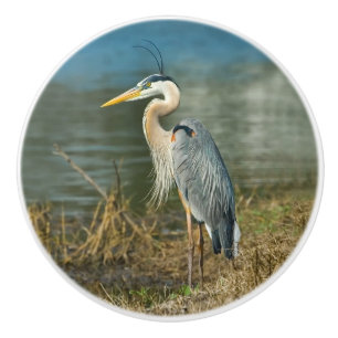 Bouton De Porte En Céramique Oiseau de héron de grand bleu à l'étang