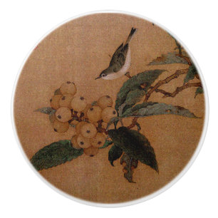 Bouton De Porte En Céramique Oiseau de soie aux fruits loquats art chinois