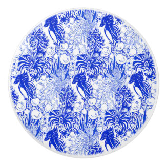 Bouton De Porte En Céramique Oiseaux bleus méditerranéens et grenades
