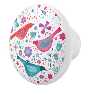 Bouton De Porte En Céramique Oiseaux dans un jardin Boho Aquarelle moderne