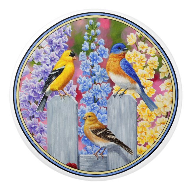 Bouton De Porte En Céramique Oiseaux de printemps colorés Jardin Fête (Devant)