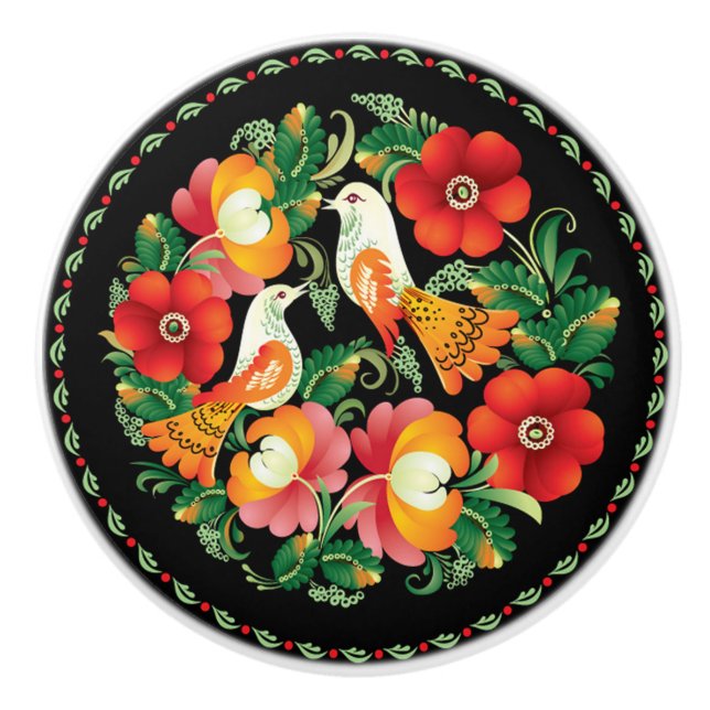 Bouton De Porte En Céramique Oiseaux et fleurs hongrois (Devant)