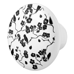 Bouton De Porte En Céramique Oiseaux Motifs noirs et blancs sur les fleurs de c