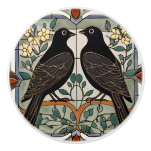 Bouton De Porte En Céramique Oiseaux noirs Faux Vitrail Oiseau Couple