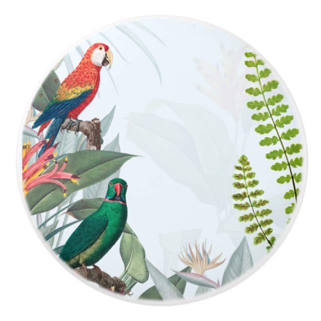 Bouton De Porte En Céramique Oiseaux tropicaux Perroquets et feuillage (Devant)