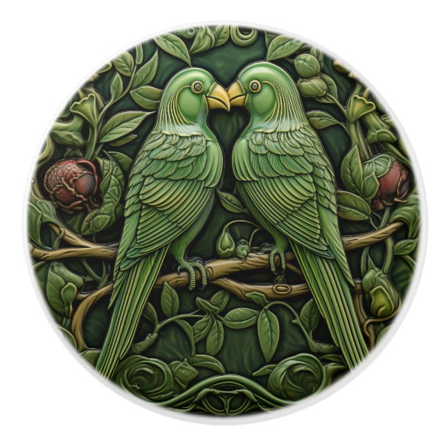 Bouton De Porte En Céramique Oiseaux verts Art nouveau Nature inspirée (Devant)