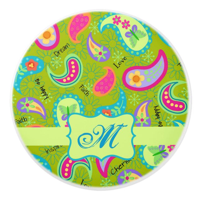 Bouton De Porte En Céramique Olive Green Moderne Paisley Monogramme initial (Devant)