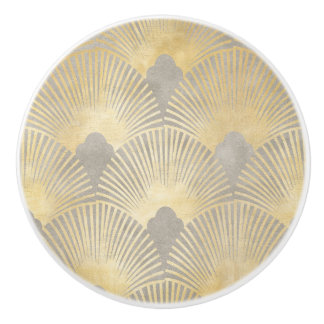 Bouton De Porte En Céramique Or beige, ventilateur motif, Art Déco, motif vinta