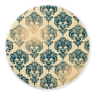 Bouton De Porte En Céramique Or & Bleu Vintage Rustique Moderne Glamour Damassé