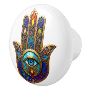 Bouton De Porte En Céramique Or Coloré Hamsa Turquoise Saphir Troisième Œil