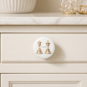 Bouton De Porte En Céramique Or Royal Échiquier Roi Reine Couple Élégant