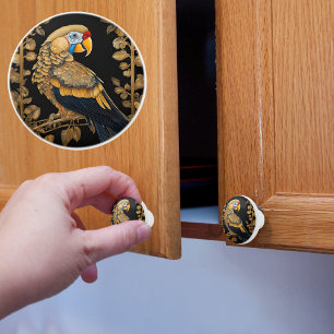 Bouton De Porte En Céramique Or sur perroquet noir