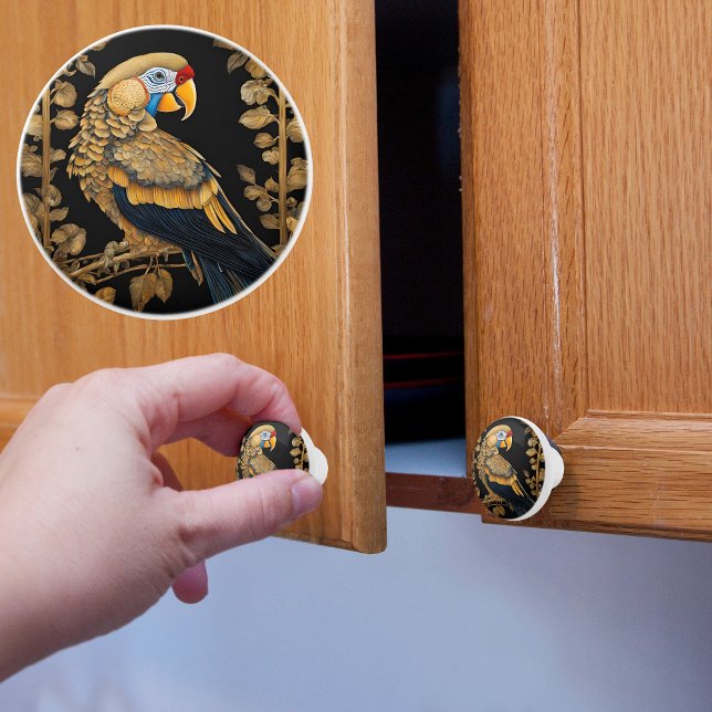 Bouton De Porte En Céramique Or sur perroquet noir (Créateur téléchargé)