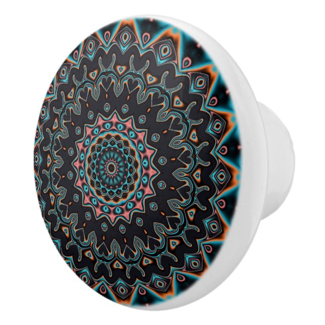 Bouton De Porte En Céramique Orange bleu Turquoise noir Mandala (Droite)