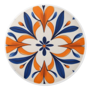Bouton De Porte En Céramique Orange et bleu abstrait symétrique méditerranéen