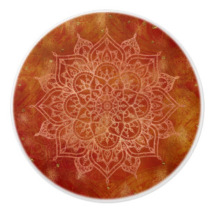 Bouton De Porte En Céramique Orange Mandala & Gold Glam Modern Chic