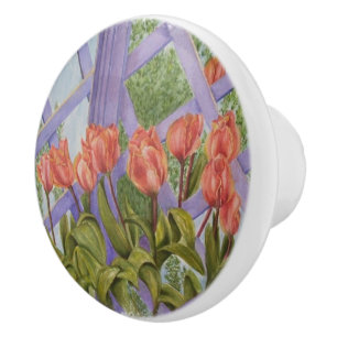 BOUTON DE PORTE EN CÉRAMIQUE ORANGE TULIPS AVEC KNOB DE PORTE EN LATTICE PURPLE