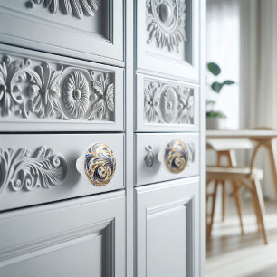 Bouton De Porte En Céramique Ornementale Bleu Or Blanc Filigree Orb