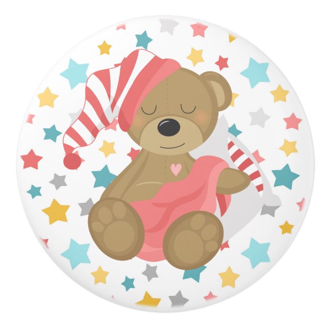 Bouton De Porte En Céramique Ours couché Bébé Fille (Devant)