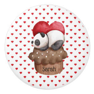 Bouton De Porte En Céramique Ours de panda lunaire sur un cupcake Monogramme