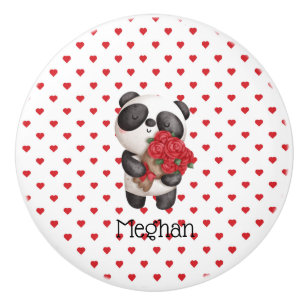 Bouton De Porte En Céramique Ours Panda Cute Avec Bouquet Rose Monogramme