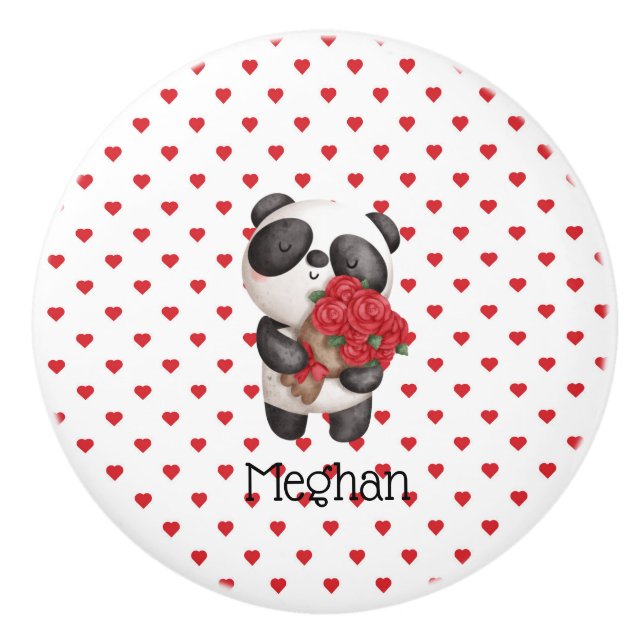 Bouton De Porte En Céramique Ours Panda Cute Avec Bouquet Rose Monogramme (Devant)