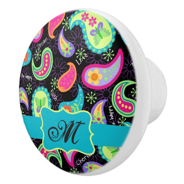 Bouton De Porte En Céramique Paisley Monogramme moderne Whimsy Black Turquoise (Droite)