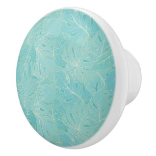 Bouton De Porte En Céramique Palme tropicale bleu clair motif feuille luxe