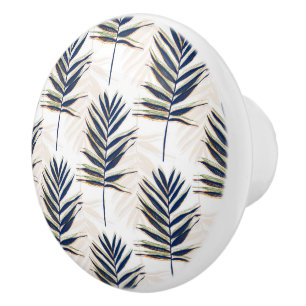 Bouton De Porte En Céramique Palmier bleu moderne Feuille Gold Strots Blanc Des