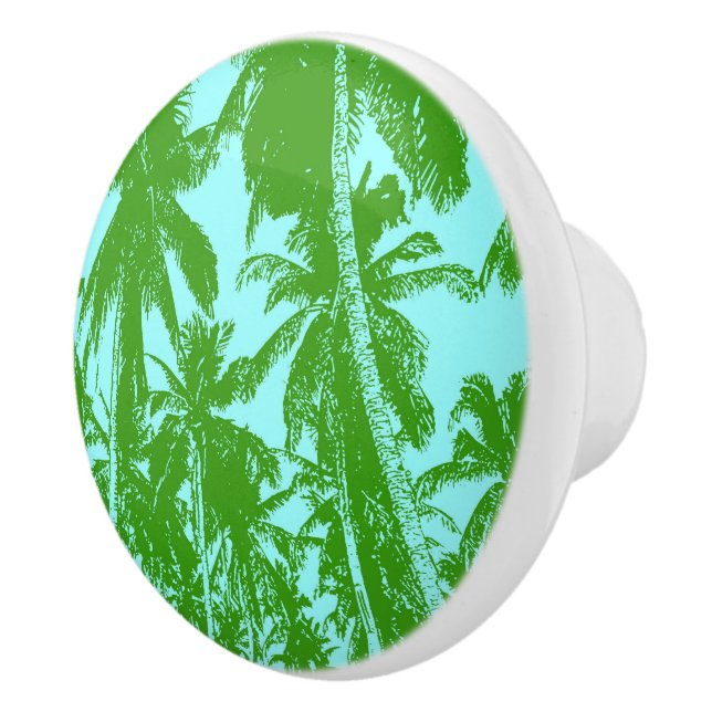 Bouton De Porte En Céramique Palmiers Motif en vert et bleu. (Droite)
