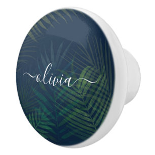 Bouton De Porte En Céramique Palmiers vert foncé motif feuille
