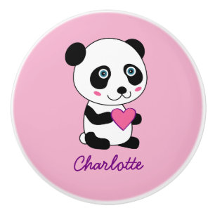 Bouton De Porte En Céramique Panda mignonne avec un coeur rose Nom personnalisé