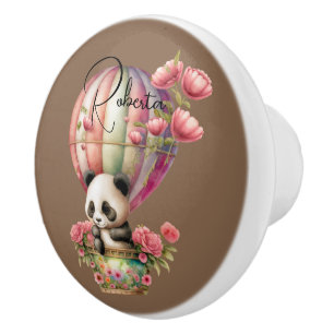 Bouton De Porte En Céramique Panda mignonne dans une montgolfière brun bg coutu
