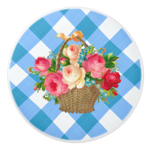 Bouton De Porte En Céramique Panier à fleurs En vichy bleu Pays Vintage