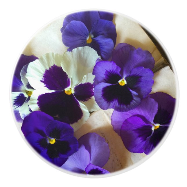 Bouton De Porte En Céramique Pansies sur un vieux livre (Devant)
