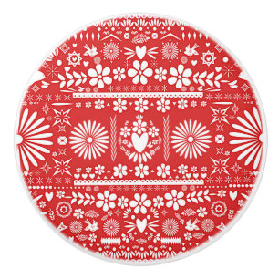 Bouton De Porte En Céramique Papier Picado Mexicain Rouge & Blanc Coupé Papier