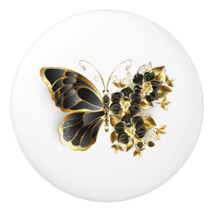 Bouton De Porte En Céramique Papillon à fleurs d'or avec orchidée noire