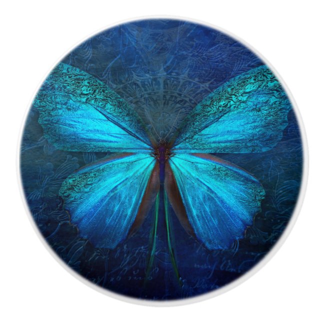 Bouton De Porte En Céramique Papillon bleu de la joie et de la chance (Devant)
